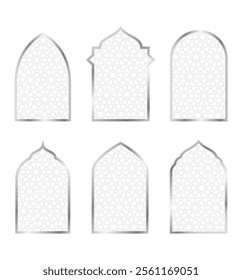 Set of silver islamic window shape. Arabic silver mosque arch with islamic pattern.