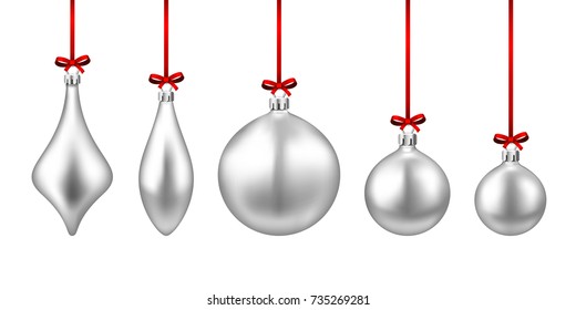 Set of silver isolated figured Christmas balls. Vector illustration template.