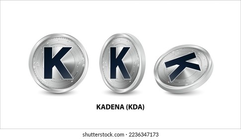 Set of silver Kadena (KDA) coin. 3D isometric Physical coins. Digital currency. Cryptocurrency. Silver coin with bitcoin, ripple, ethereum symbol isolated on white background. Vector illustration.