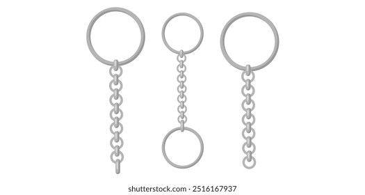 Set Of Silver Key Rings With Chain Vector Illustration.
