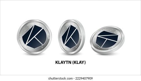 Set of silver Klaytn (KLAY) coin. 3D isometric Physical coins. Digital currency. Cryptocurrency. Silver coin with bitcoin, ripple, ethereum symbol isolated on white background. Vector illustration.