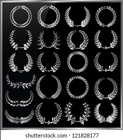 Set from silver laurel wreath on the black background