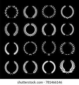 Set of silver laurel wreath on the black background. Silver wreath leaves - an award for the second place.Vector illustration.
