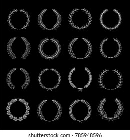 Set of silver laurel wreath on the black background. Silver wreath leaves - an award for the second place.Vector illustration.