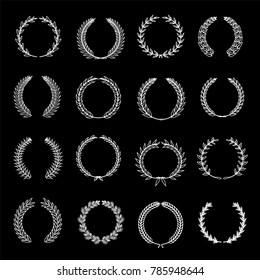 Set of silver laurel wreath on the black background. Silver wreath leaves - an award for the second place.Vector illustration.