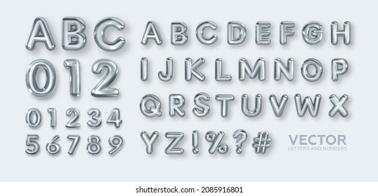 Set of silver letters of the English alphabet. And a set of numbers. Alphabetical font. Bright metallic 3D, realistic vector illustration svg