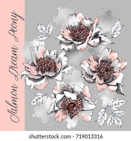 Set with a silver and light pink Peony flowers and leaves. Vector illustration.