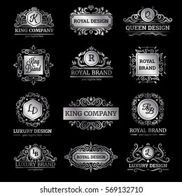 Set of silver luxury labels with flourishes and monograms ornate decorations on black background isolated vector illustration 