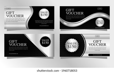 Set of silver luxury voucher gift templates, coupon designs, certificates, ticket templates, ready to edit and use.