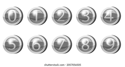 Set Silver Medal Coins Numbers from 0 to 9 symbols. Silver tokens for games, user interface asset elements. Vector illustration