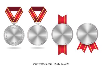 Set of silver medals. Champion winner award metal medal. Honor badges realistic isolated vector set. Vector set of silver award and medal trophy illustration 10 eps.