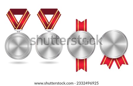 Set of silver medals. Champion winner award metal medal. Honor badges realistic isolated vector set. Vector set of silver award and medal trophy illustration 10 eps.