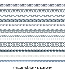 Set of silver metal chains and ropes isolated on white. Seamless brushes for design. Vector illustration
