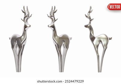 Conjunto de figurinhas de metal prata de veados elegantes. Natal cinza realista ícone 3d rena. Objetos decorativos de férias isolados em fundo branco. Ilustração vetorial