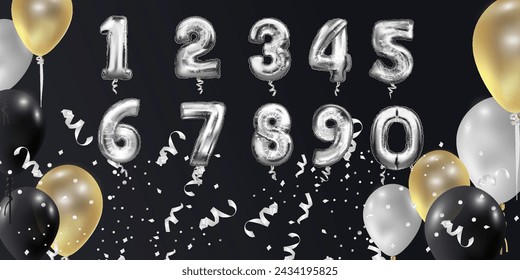 Set of silver, metal numbers. Number 1 2 3 4 5 6 7 8 9 0. Alphabet Font. Typography Design Element.