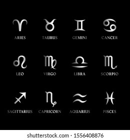 Set of silver metal zodiac signs and symbols with names on black background. Horoscope, astrology icons. Twelve constellations isolated. Vector.