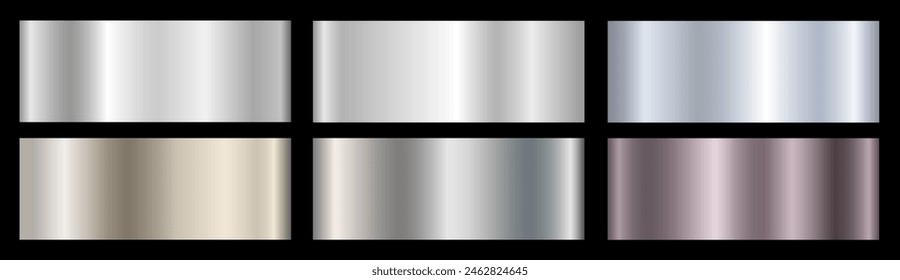 A set of silver metallic glossy gradients on a black background. Texture of a smooth metal surface. Vector illustration.