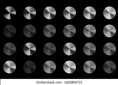 Set of silver metallic gradients. Silver, Chrome, platinum, steel realistic metallic foil. Vector illustration template with soft and dark radial gradients.