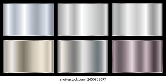 Conjunto de Gradientes metálicos plateados sobre fondo negro. Efectos de gradiente metálicos para el diseño de tablones de anuncios y textos, infografías. Anuncio de metal. Vector EPS 10.