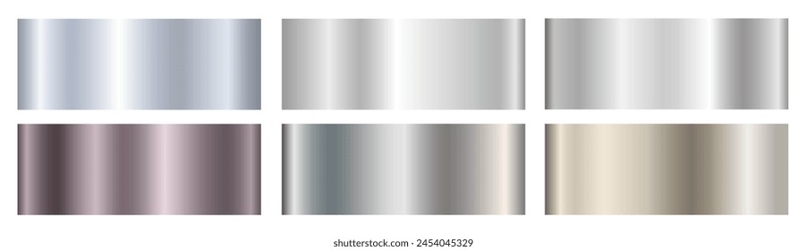 A set of silver metallic gradients on a white background. Metallic gradient effects for the design of text and bulletin boards, infographics. Metal banner. Vector EPS 10.