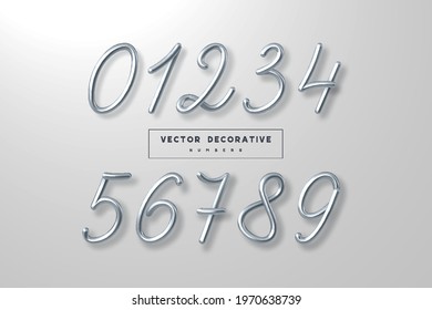 Set of silver metallic numbers. 3d handwritten calligraphy. Isolated on grey background. Decorative realistic characters for birthday party, anniversary. Vector.