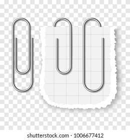 Set of silver metallic realistic paper clip on transparent background. Three paperclips with soft shadow- Template for your design