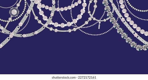 Set silver necklace, pearl beads, diamonds. Luxury Jewelry silver metal on violet background. Woman Bijoux, Vector illustration. Wedding invitation, cart.