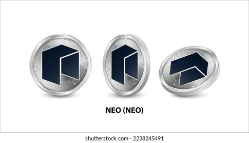 Satz silberner NEO (NEO) Münze. 3D isometrische physische Münzen. Digitale Währung. Kryptowährung. Silbermünze mit Bitcoin, Rippel, Ätherum-Symbol einzeln auf weißem Hintergrund. Vektorgrafik.