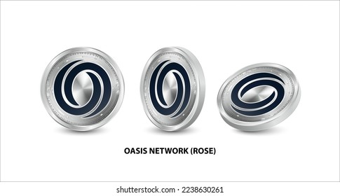 Moneda de la Red Oasis de plata (ROSE). monedas físicas isométricas. Moneda digital. Criptodivisa. Moneda de plata con bitcoin, rizo, símbolo etéreo aislado en fondo blanco Vector 3D.