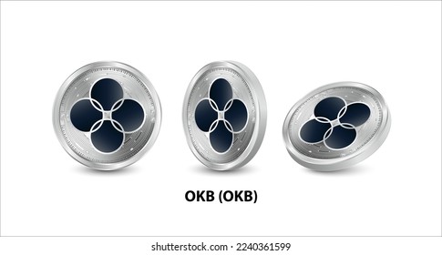 Set of silver OKB (OKB) coin. 3D isometric Physical coins. Digital currency. Cryptocurrency. Silver coin with bitcoin, ripple, ethereum symbol isolated on white background. Vector illustration.