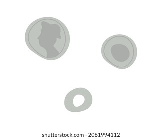 Set of silver old coins. Treasure, ancient finds. Medieval currency, pirate treasure. Historical, archeology and paleontology. Scientific research, excavation. Cartoon flat vector illustration