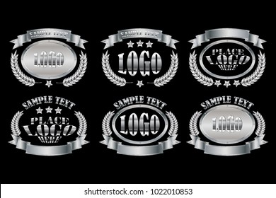 Set of silver oval badges realistic icons isolated on black background