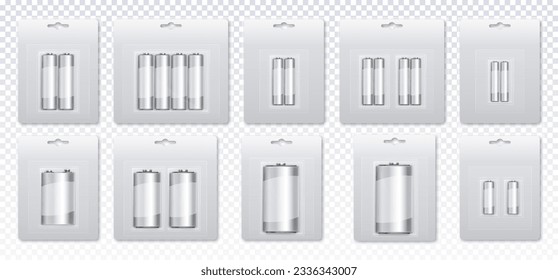 Set of silver packages with batteries concept. Steel accumulators for gadgets and devices on copy space. AAA and AA type of batteries. Realistic 3D vector collection isolated on transparent background
