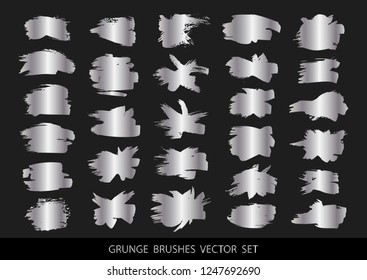 Set of silver paint, ink brush strokes, brushes, lines. Dirty artistic design elements, boxes, frames for text. Vector illustration.