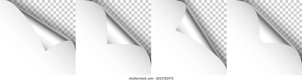 Set of silver paper curls. Curled page corner with shadow. Blank sheet of paper. Colorful shiny foil. Design element for advertising and promotion. Vector illustration.