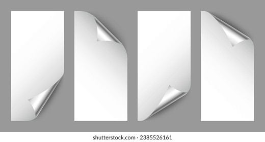 Set of silver paper curls. Curled page corner with shadow. Blank sheet of paper. Colorful shiny foil. Design element for advertising and promotion. Vector illustration.