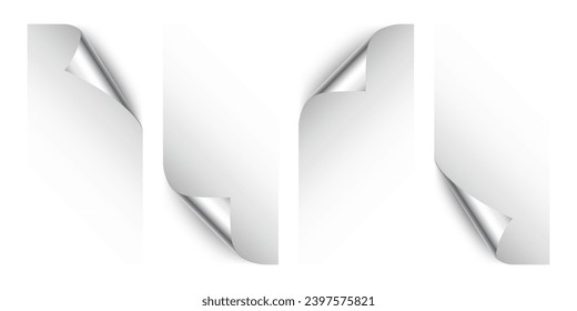 Set of silver paper curls. Curled page corner with shadow. Blank sheet of paper. Colorful shiny foil. Design element for advertising and promotion. Vector illustration.