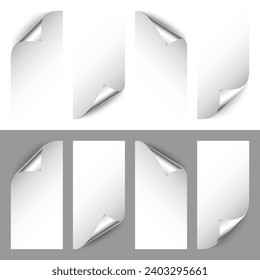 Set of silver paper curls. Curled page corner with shadow. Blank sheet of paper. Colorful shiny foil. Design element for advertising and promotion. Vector illustration.