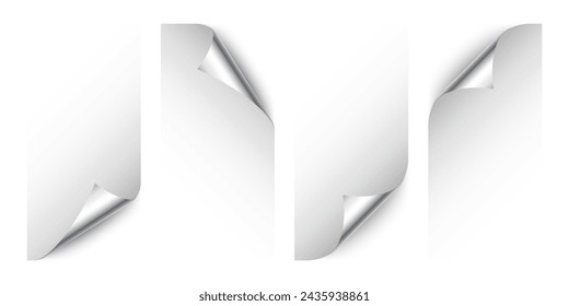 Set of silver paper curls. Curled page corner with shadow. Blank sheet of paper. Colorful shiny foil. Design element for advertising and promotion. Vector illustration.