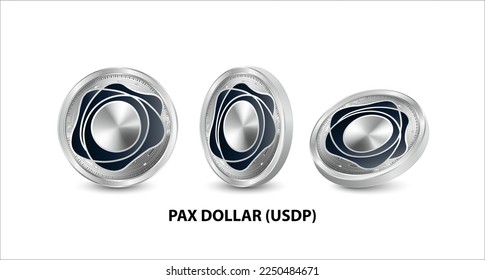 Juego de monedas de plata Pax Dollar (USDP). Monedas físicas isométricas 3D. Moneda digital. Criptodivisa. Moneda de plata con bitcoin, rizo, símbolo etéreo aislado sobre fondo blanco. Ilustración del vector