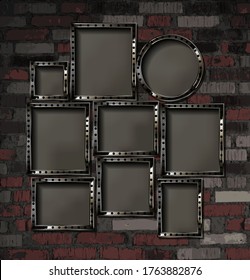 A set of silver photo frames against an old brick wall. Vector illustration