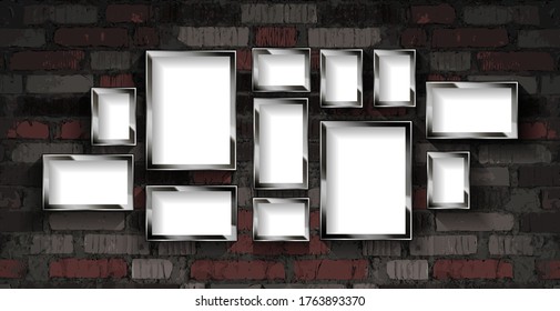 Un juego de fotos de plata contra una pared de ladrillo antiguo. Ilustración del vector