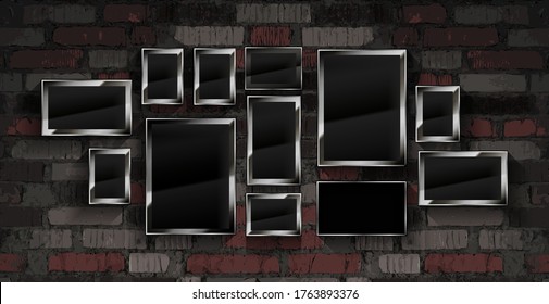 A set of silver photo frames against an old brick wall. Vector illustration