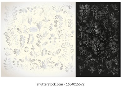 Set of silver plants and flowers on a black and white background. Vector silver plants.