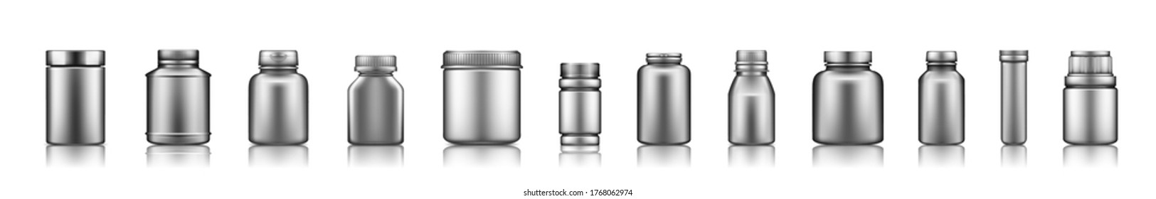 Set of silver plastic medicine bottle mockups isolated on white background. Packaging design. Blank sport, fitness, or dietary nutrition, healthcare bottle template. 3d realistic vector illustration