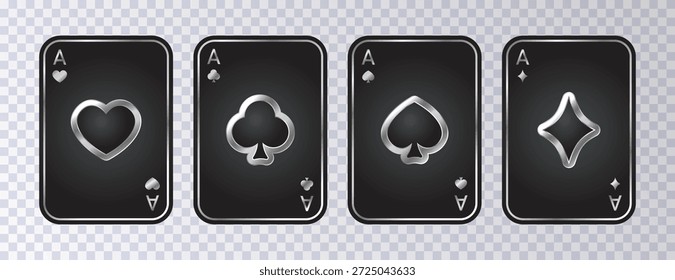 Satz silberner Spielkarten einzeln auf transparentem Hintergrund. Ass von Pik, Kreuz, Herz und Diamanten. Schwarze Spielkarten mit silbernen Elementen. Spiele-Symbole set.Vektorgrafik