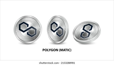 Set of silver Polygon (MATIC) coin. 3D isometric Physical coins. Digital currency. Cryptocurrency. Silver with bitcoin, ripple, ethereum symbol isolated on white background. Vector illustration.