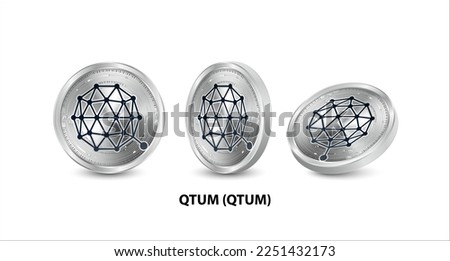 Set of silver Qtum (QTUM)  coin. 3D isometric Physical coins. Digital currency. Cryptocurrency. Silver coin with bitcoin, ripple, ethereum symbol isolated on white background. Vector illustration.