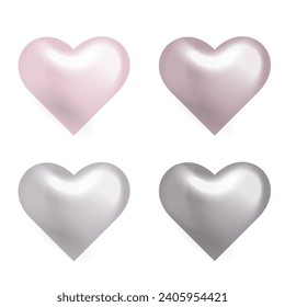 Fijen corazones realistas de plata. Ilustración vectorial de la forma del corazón metálico. Ideal para un diseño de lujo, romántico y de amor.