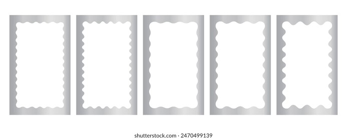 Set of silver rectangle frames with wavy inner borders. Metallos mirror, photo or picture frameworks. Luxury rectangular boxes, tags or labels isolated on white background. Vector illustration.